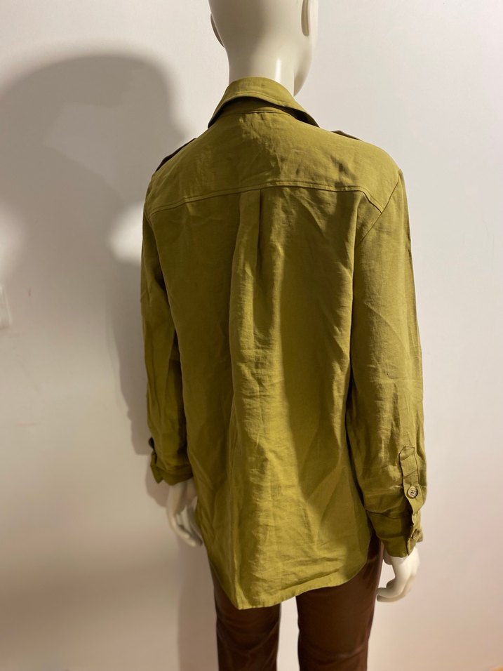 Düğmeli Haki Kadın Keten Gömlek - Görsel 3