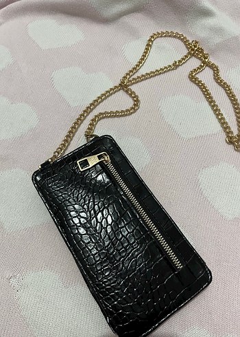 Beden Zincir Detaylı Siyah Telefon cüzdan çantası