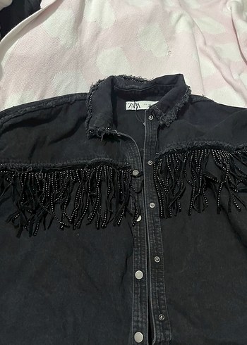 Siyah püsküllü kot ceket oversize