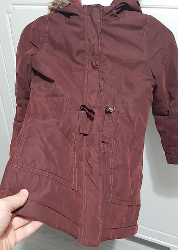 Bordo kız Çocuk Kürklü Kapüşonlu Mont - Görsel 5