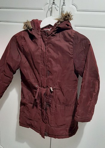 Bordo kız Çocuk Kürklü Kapüşonlu Mont - Görsel 7