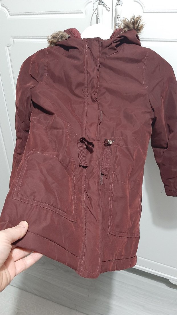 Bordo kız Çocuk Kürklü Kapüşonlu Mont - Görsel 5