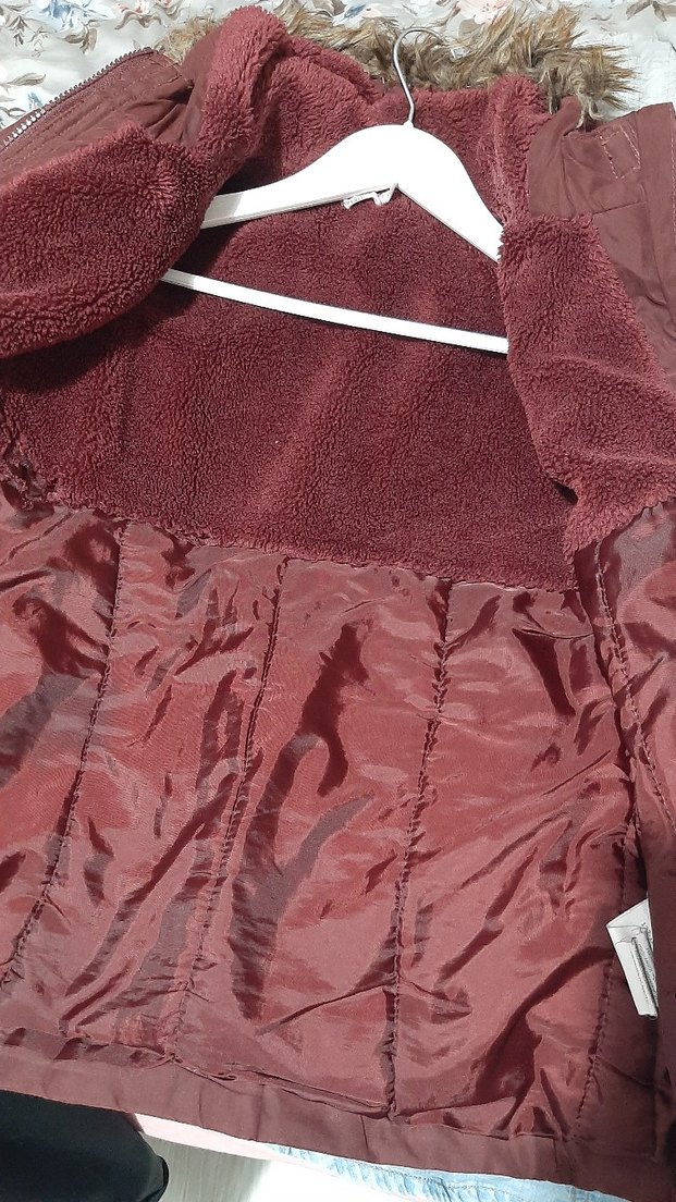 Bordo kız Çocuk Kürklü Kapüşonlu Mont - Görsel 2