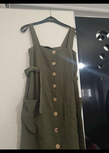 Kadın Keten Uzun Askılı Düğmeli Elbise - Görsel 2