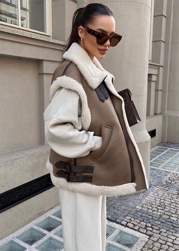 Kürklü Kahverengi Deri Zara Yelek - Görsel 2