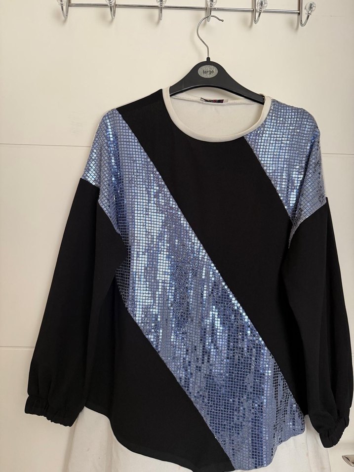Uzun Kollu Mavi Payetli Kadın Bluz - Görsel 2