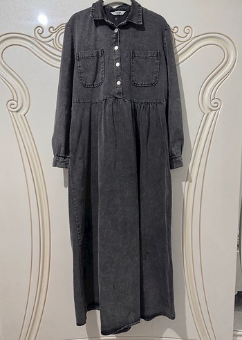 Gri kot elbise - Görsel 3
