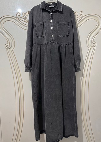 Gri kot elbise - Görsel 5