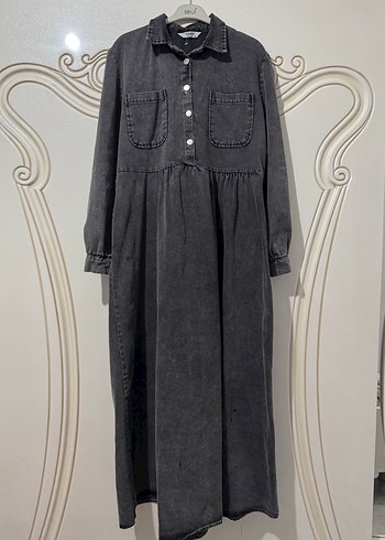 Gri kot elbise - Görsel 6