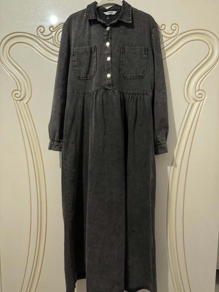 Gri kot elbise - Görsel 2