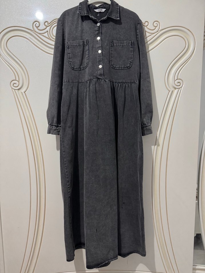 Gri kot elbise - Görsel 3