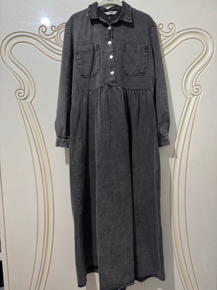 Gri kot elbise - Görsel 5