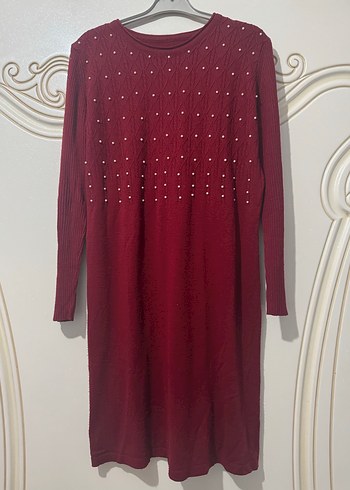 Bordo Uzun Kollu Örgü Kadın Triko Elbise - Görsel 3