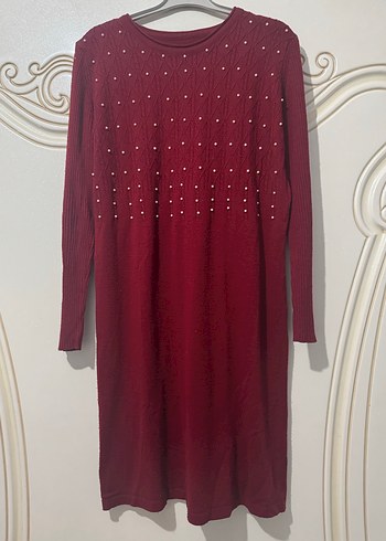 Bordo Uzun Kollu Örgü Kadın Triko Elbise - Görsel 4