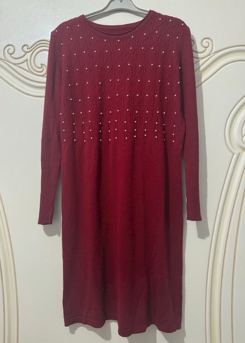 Bordo Uzun Kollu Örgü Kadın Triko Elbise - Görsel 2