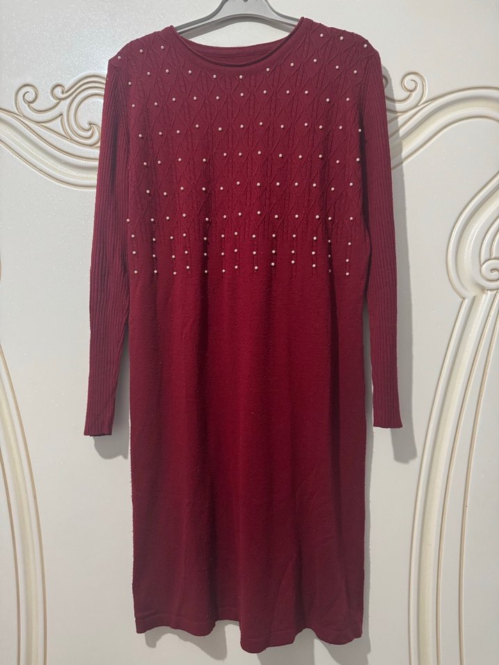 Bordo Uzun Kollu Örgü Kadın Triko Elbise - Görsel 3