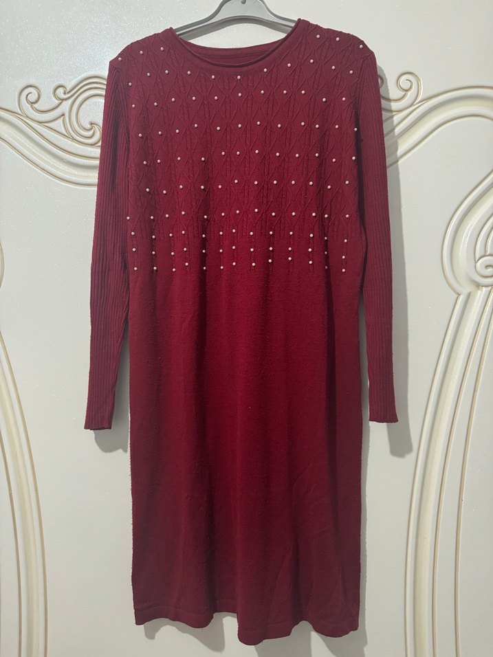 Bordo Uzun Kollu Örgü Kadın Triko Elbise - Görsel 2