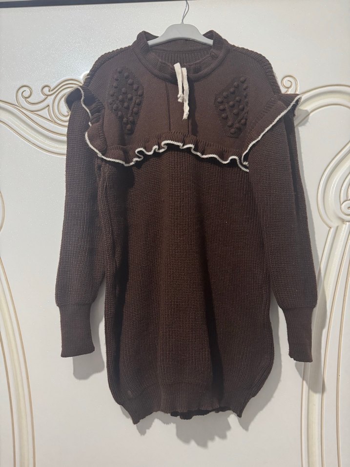 Bohem Tarz Uzun Kahverengi Triko Kazak - Görsel 3