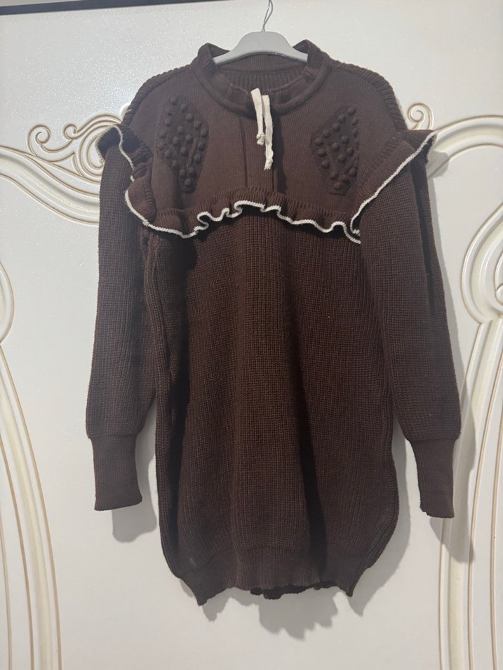 Bohem Tarz Uzun Kahverengi Triko Kazak - Görsel 2