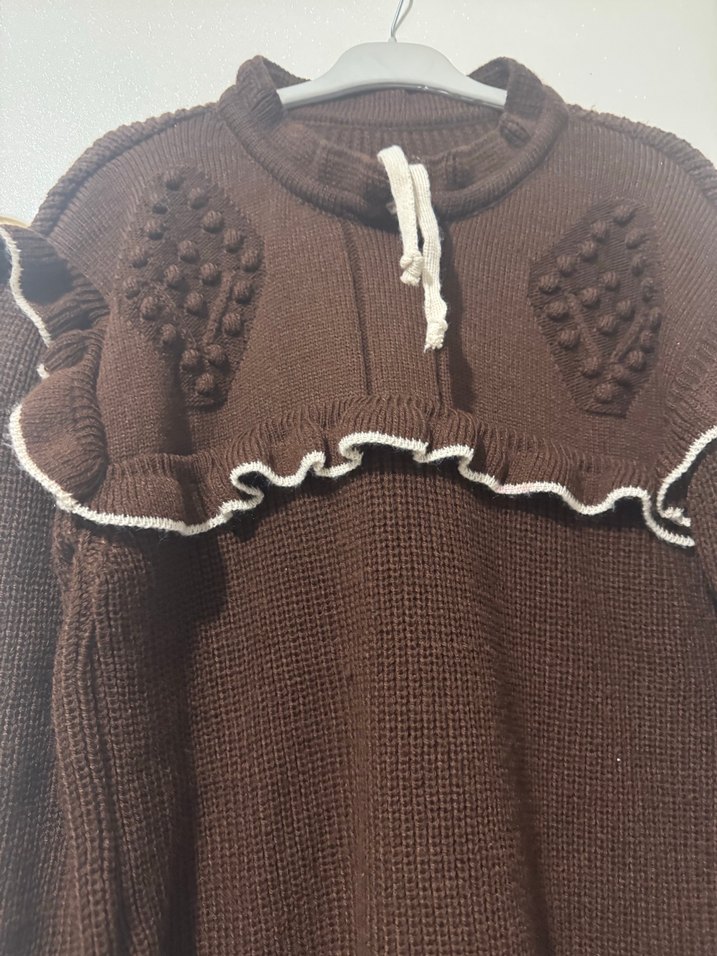 Bohem Tarz Uzun Kahverengi Triko Kazak - Görsel 4