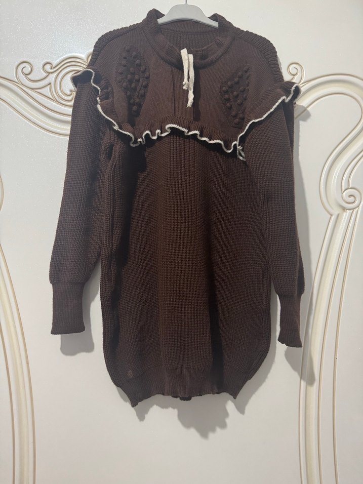 Bohem Tarz Uzun Kahverengi Triko Kazak - Görsel 5