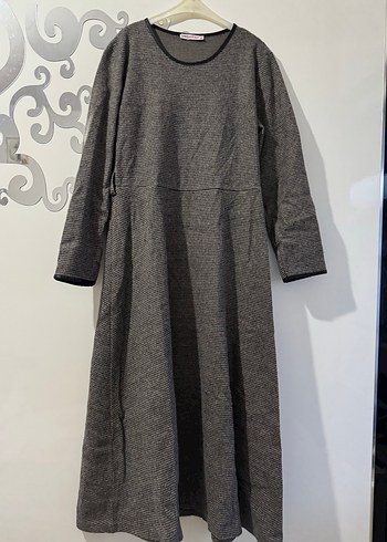 Gri Uzun Keten Kadın Elbise - Görsel 6