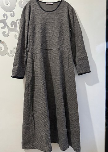 Gri Uzun Keten Kadın Elbise - Görsel 2