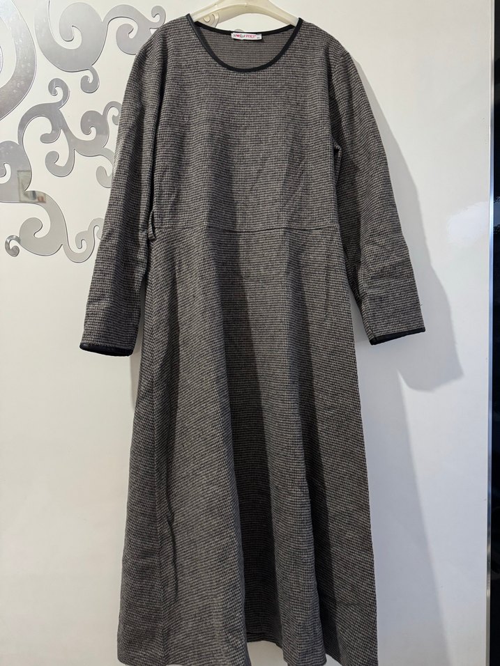 Gri Uzun Keten Kadın Elbise - Görsel 5