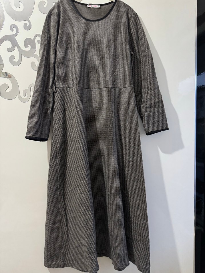 Gri Uzun Keten Kadın Elbise - Görsel 2
