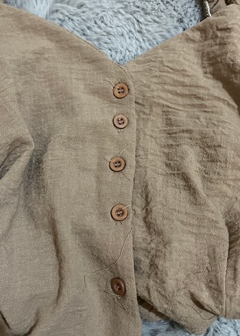 Bej Keten, Düğmeli Kadın Bluz - Görsel 2