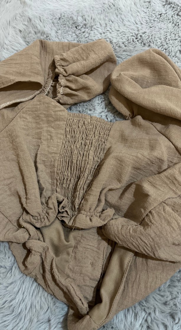 Bej Keten, Düğmeli Kadın Bluz - Görsel 4