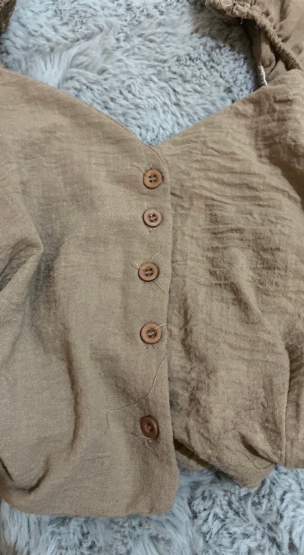 Bej Keten, Düğmeli Kadın Bluz - Görsel 2