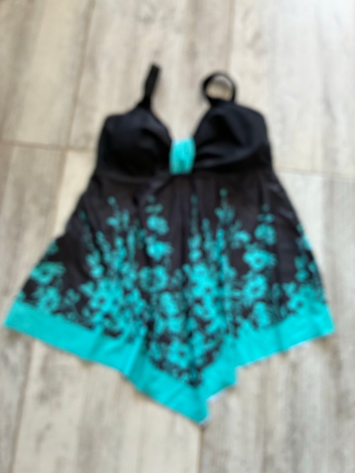 Turkuaz Çiçek Desenli Drapeli Kadın tankini elbiseli Mayo - Görsel 3