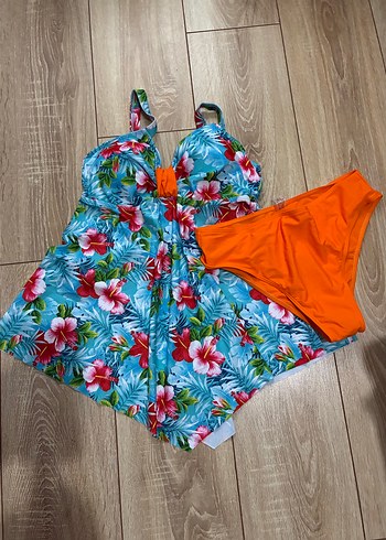 Turkuaz Çiçek Desenli Bohem elbise tankini Mayo L beden - Görsel 4