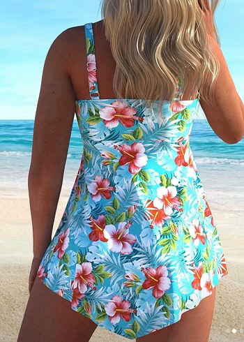 Turkuaz Çiçek Desenli Bohem elbise tankini Mayo L beden - Görsel 2