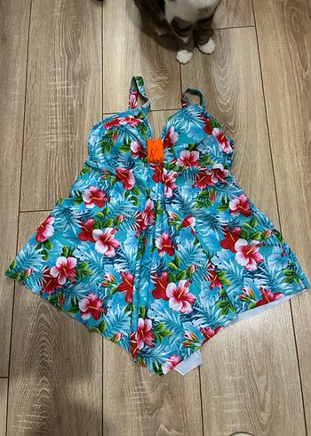 Turkuaz Çiçek Desenli Bohem elbise tankini Mayo L beden - Görsel 3