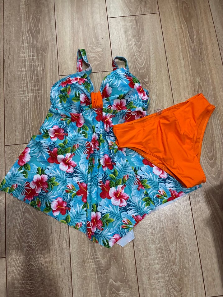 Turkuaz Çiçek Desenli Bohem elbise tankini Mayo L beden - Görsel 4
