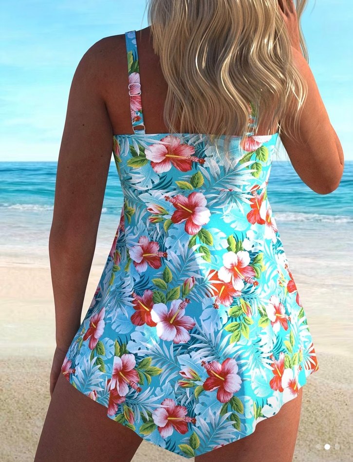 Turkuaz Çiçek Desenli Bohem elbise tankini Mayo L beden - Görsel 2