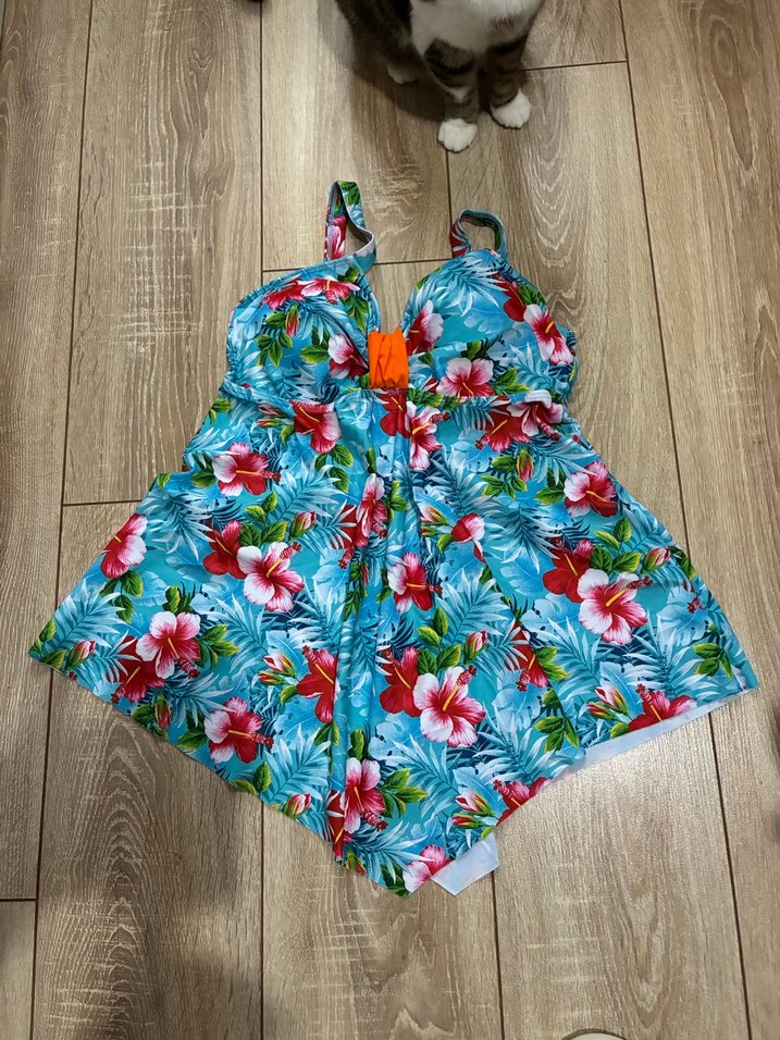 Turkuaz Çiçek Desenli Bohem elbise tankini Mayo L beden - Görsel 3