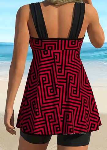 Kırmızı Desenli Kemerli elbise tankini Mayo M beden - Görsel 2