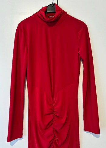 Uzun Kırmızı Drapeli Kadın Elbise - Görsel 2