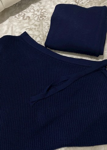 Lacivert Bağlama Desenli Uzun Kol Elbise - Görsel 2