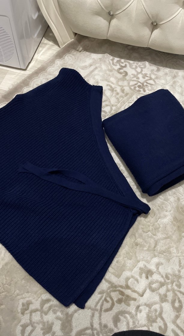 Lacivert Bağlama Desenli Uzun Kol Elbise - Görsel 3