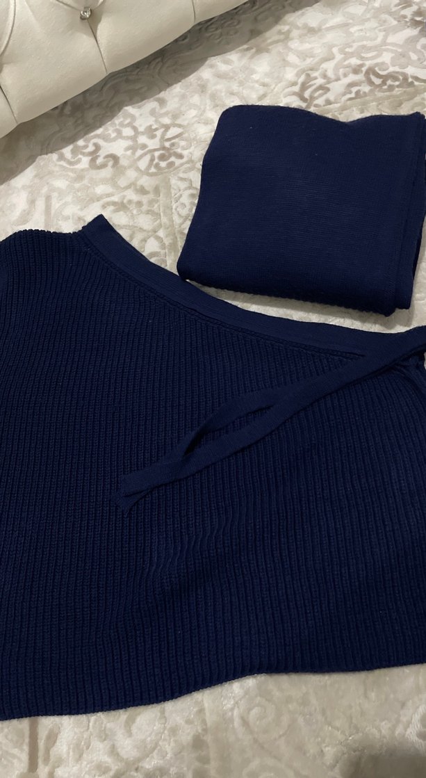 Lacivert Bağlama Desenli Uzun Kol Elbise - Görsel 2