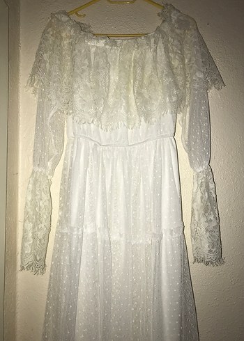 Dantel Detaylı Beyaz Uzun Bohem Elbise - Görsel 2