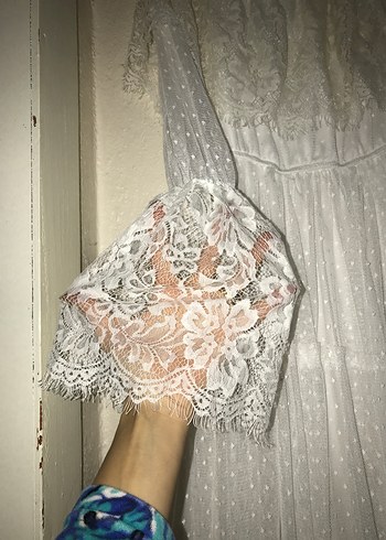 Dantel Detaylı Beyaz Uzun Bohem Elbise - Görsel 4