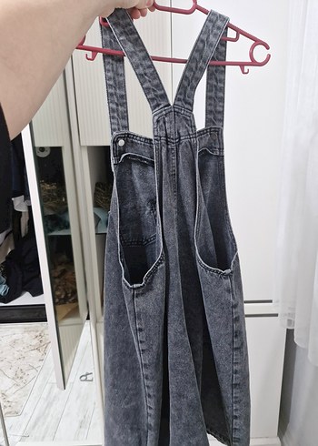 Gri Kot Midi Askılı Tulum - Görsel 2