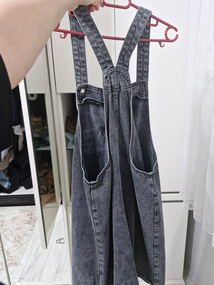 Gri Kot Midi Askılı Tulum - Görsel 2