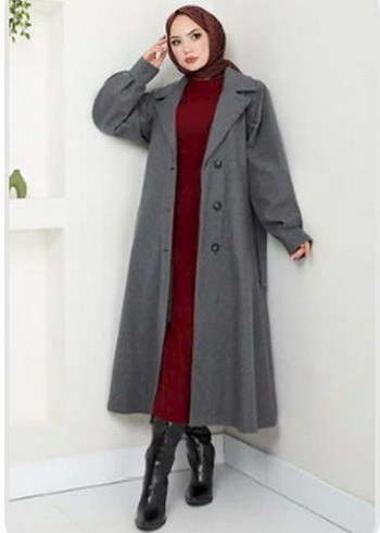 Kemerli Astarlı Gri Balon Kol Kaşe Kaban - Görsel 3