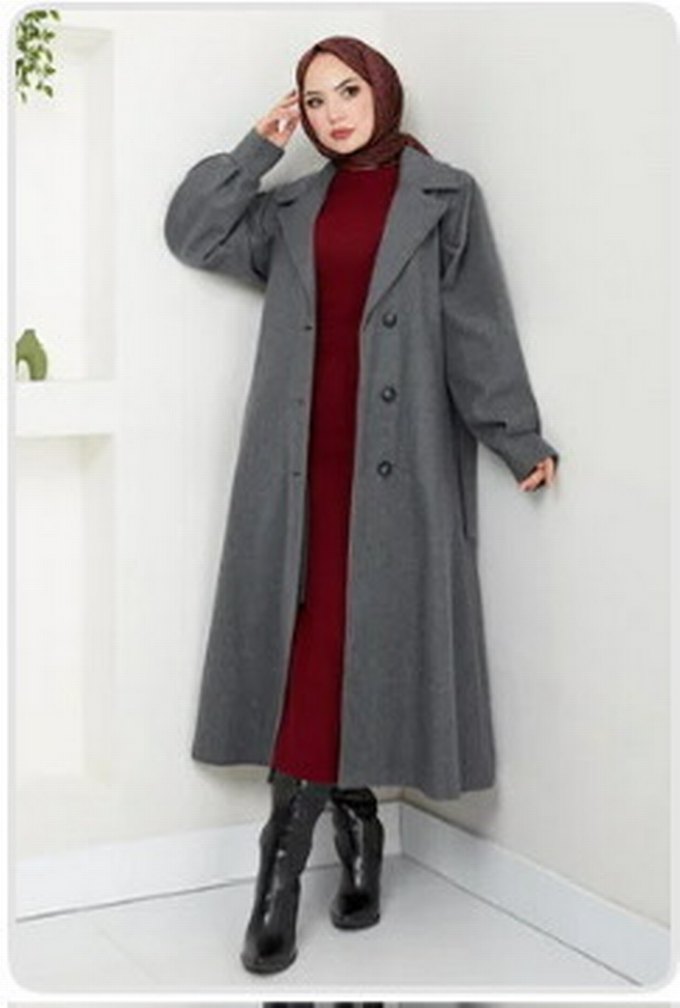 Kemerli Astarlı Gri Balon Kol Kaşe Kaban - Görsel 3